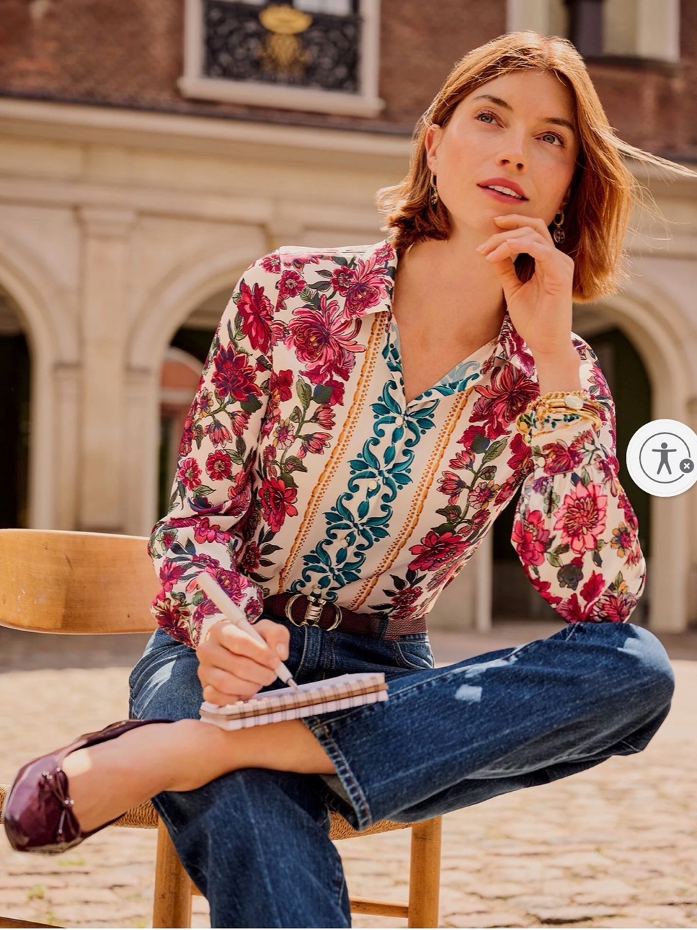 Talbots Floral Button-Down Shirt in Cream, Pink and Teal